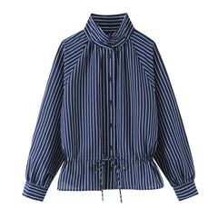 Striped stand collar button front blouse front view