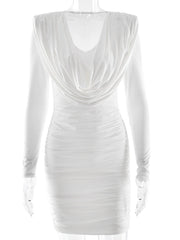 Long Sleeve Deep Neck Draped Ruched Mini Dress