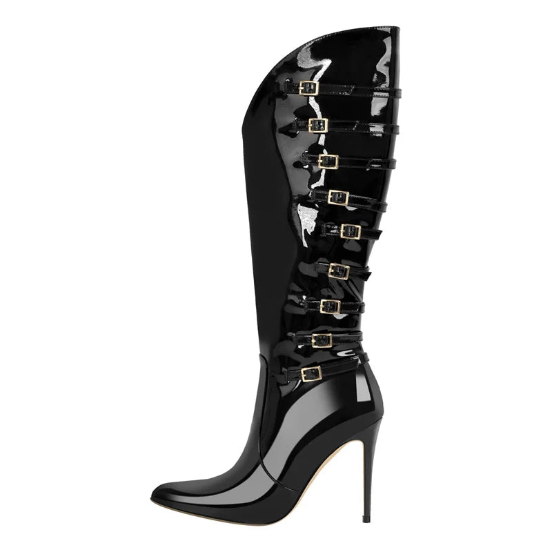Pointed toe stiletto buckle boots