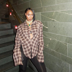 Plaid Draped Open-Neck Long Sleeve Crop Shirt