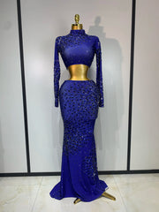 High Neck Long Sleeve Cutout Rhinestone Crop Top and Floor-Length Skirt Set