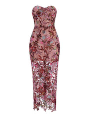 Strapless Floral Sequin Mesh Column Gown