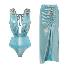 V-Neck Ruched Cut-Out Halter One-Piece Swimsuit and Maxi Skirt Set