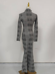 Plaid High-Neck Long Sleeve Sheath Maxi Dress