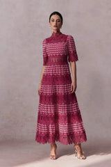 Lace mock neck short sleeve midi dress with geometric print