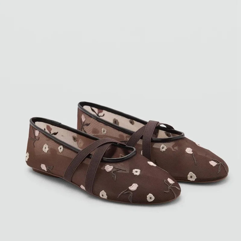 Brown embroidered mesh ballet flats with cross straps