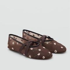 Brown embroidered mesh ballet flats with cross straps