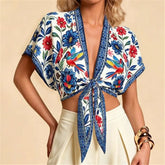Floral bird print tie front v-neck top