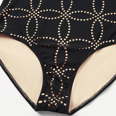Black Laser Cut Geometric Print Ruffle Swimsuit and Skirt Set