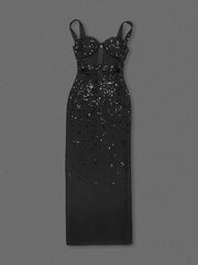 Black Beaded Cut-out Bandage Long Dress