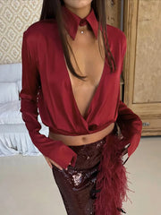 Satin V-neck draped long sleeve top