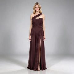 Brown One Shoulder Draped Evening Gown