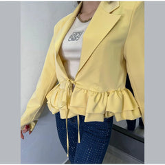 Ruffled Hem Lace-Up Crop Blazer