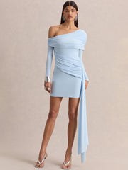 Diagonal collar ruched draped mini dress