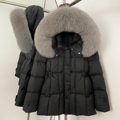 Black puffer jacket with gray fur hood