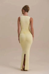 Solid Ruched Deep V-Neck Sleeveless Maxi Dress