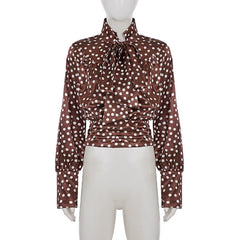 Polka Dot Satin Lantern Sleeve Tie-Neck Blouse