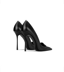 Pair of black high-heeled shoes on a white background
