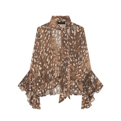 Deer Print Tie Neck Flare Sleeve Shirt