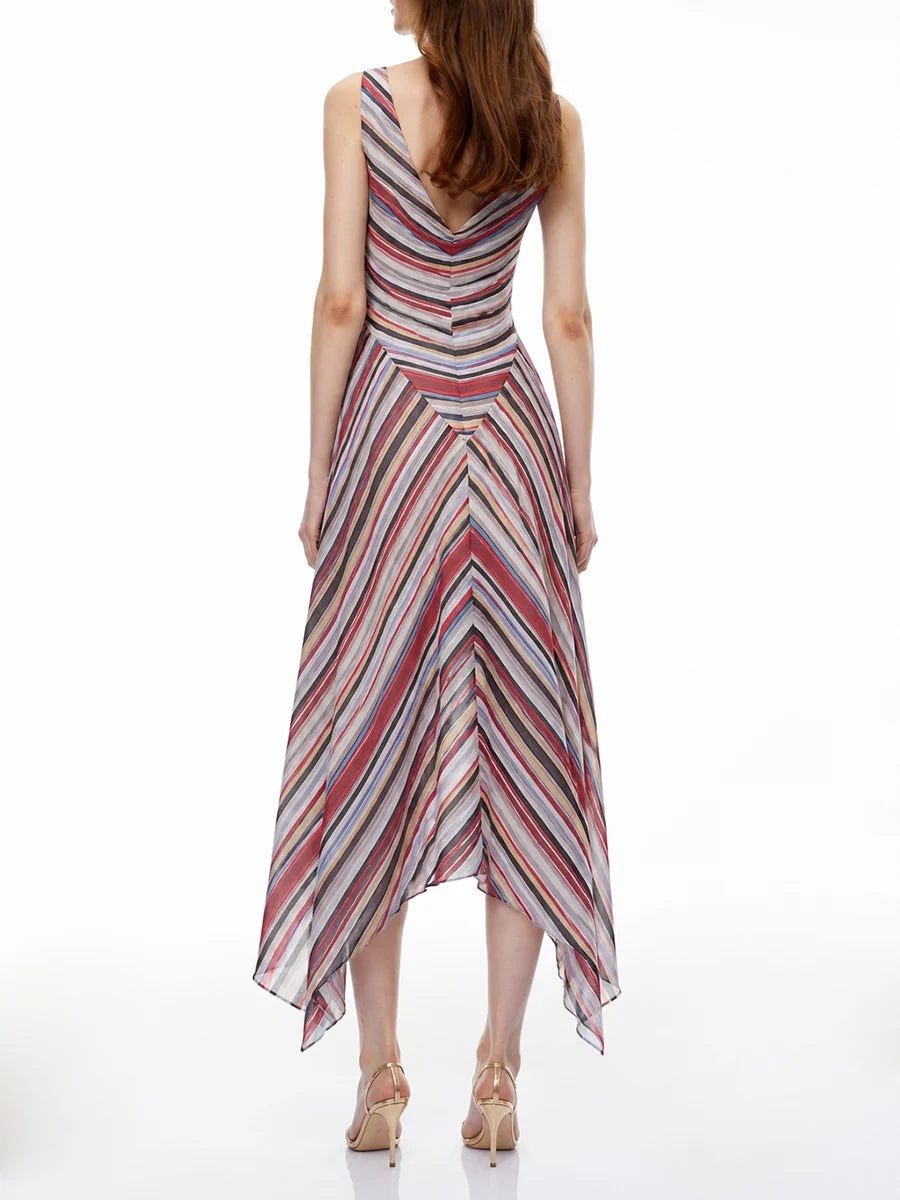 Back view of a striped V-neck sleeveless midi dress