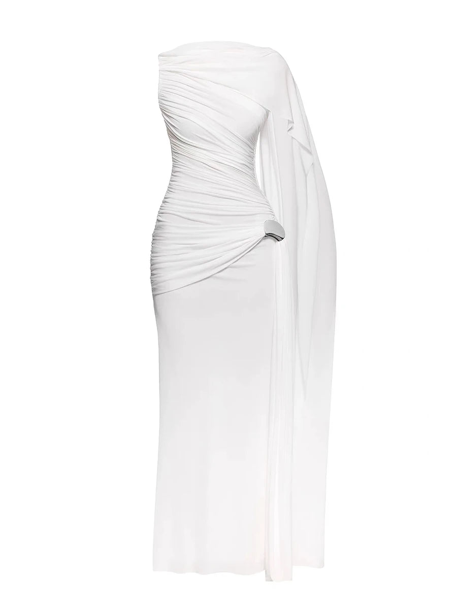 Formal pleated dress designed with an asymmetric silhouette