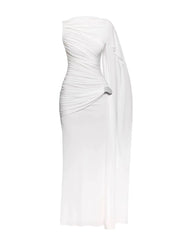 Formal pleated dress designed with an asymmetric silhouette