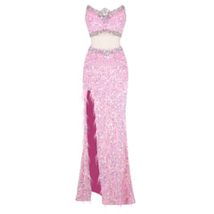 Pink sequin dress with a silver embellished top on a white background