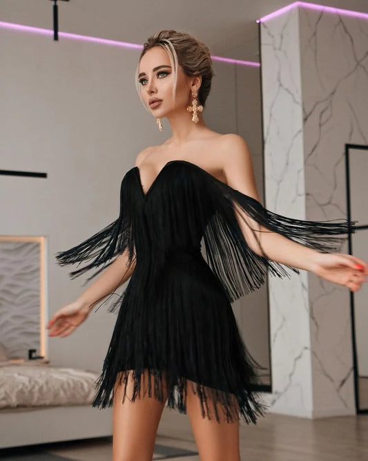 Strapless off-shoulder mini dress with tassel detailing