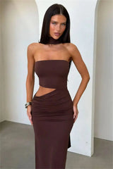 Strapless Draped Cutout Maxi Dress with Halter Neckline