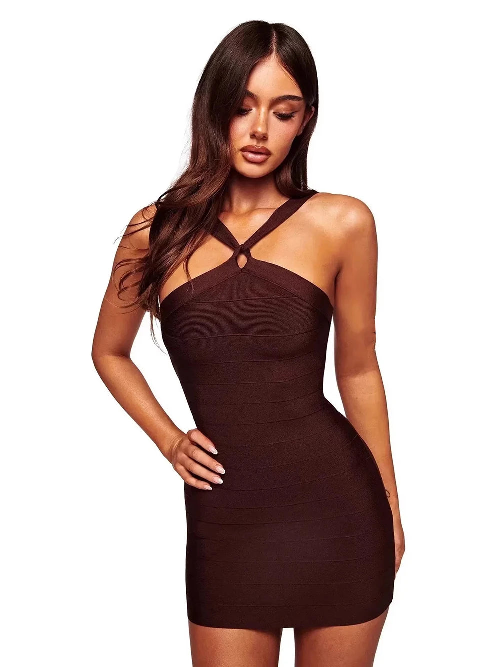 Halter neck cross detail mini bandage dress close-up
