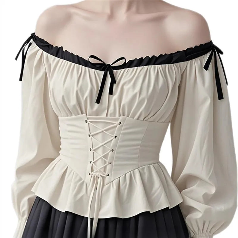 Beige off-shoulder top with black lace-up front and sleeves on a white background