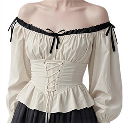 Beige off-shoulder top with black lace-up front and sleeves on a white background