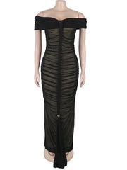 Black off-shoulder dress on a mannequin against a white background