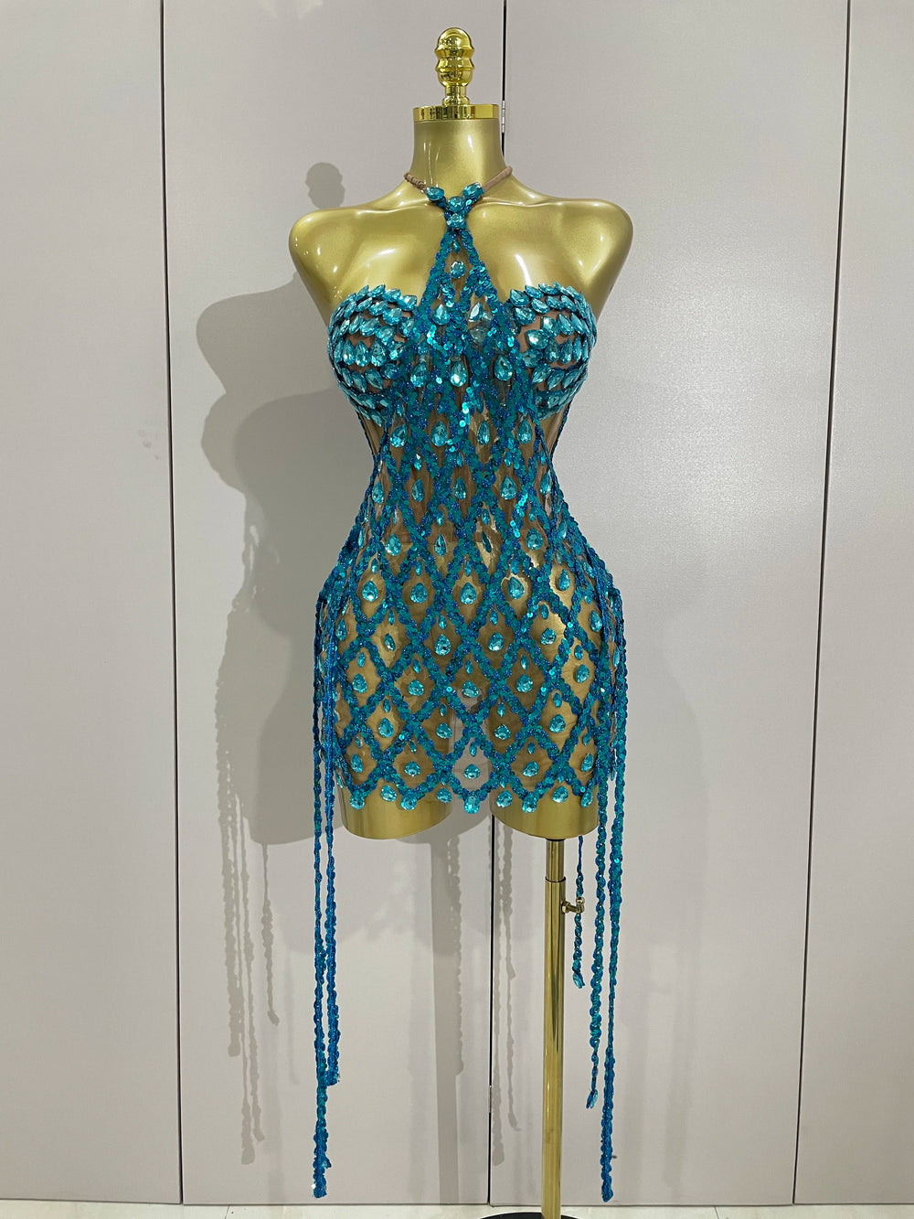 Sky blue diamond mesh halter mini dress with sequin embellishments