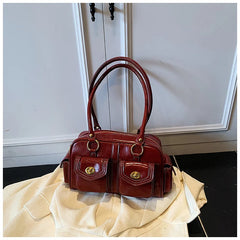 Microfiber Leather Vintage Pocket Satchel – Black & Burgundy