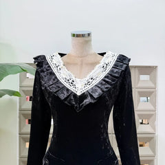 Velvet Ruffled Lace Mini Dress Neckline Detail