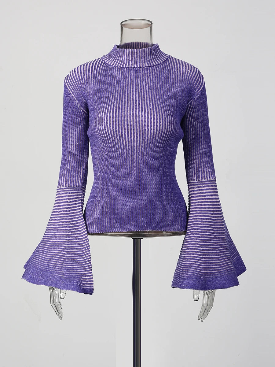 Purple ribbed top with bell sleeves on a mannequin against a white background