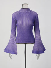 Purple ribbed top with bell sleeves on a mannequin against a white background