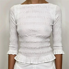 Boat Neck Smocked 3/4 Sleeve Peplum Top