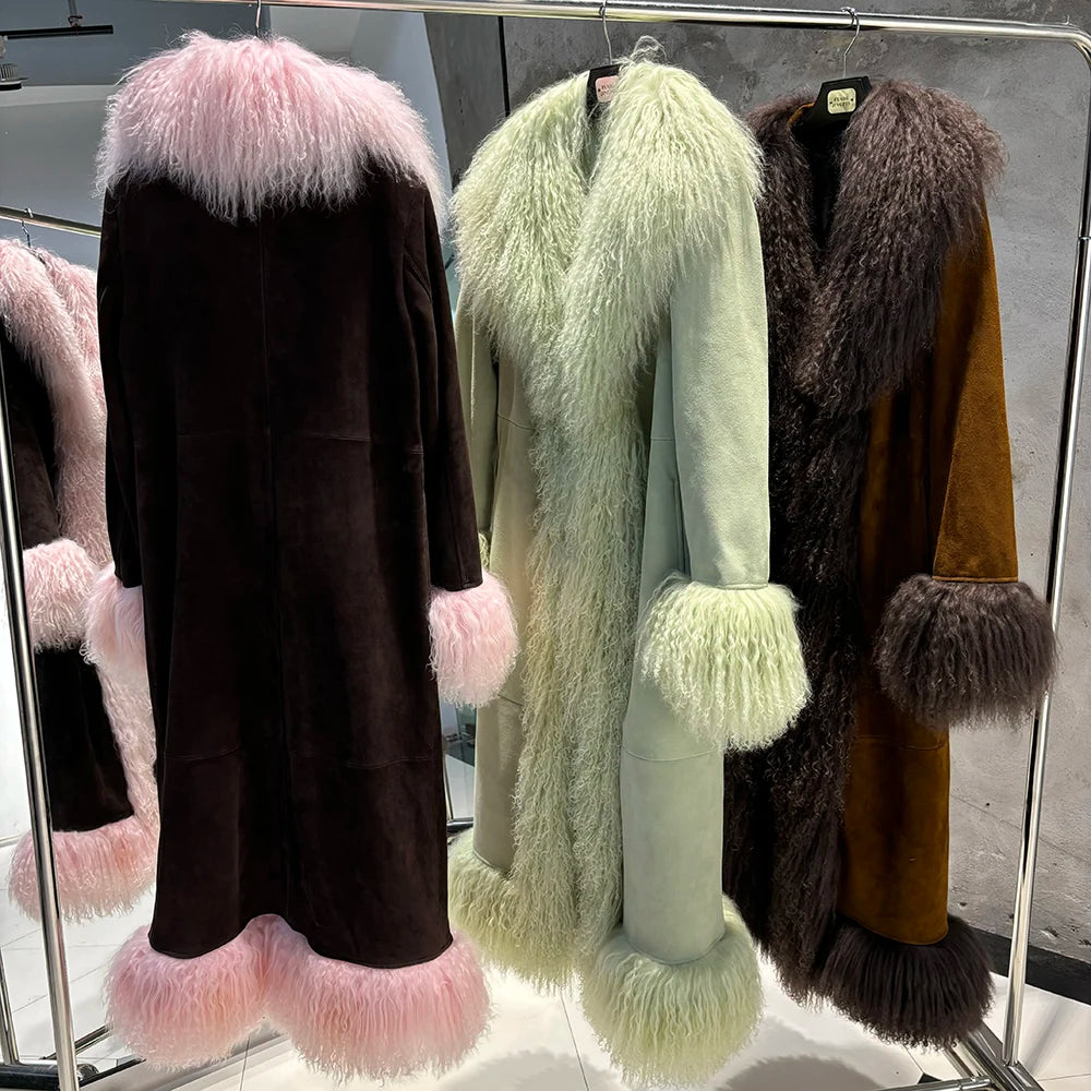 Four fur-trimmed coats displayed on a rack with a neutral background.
