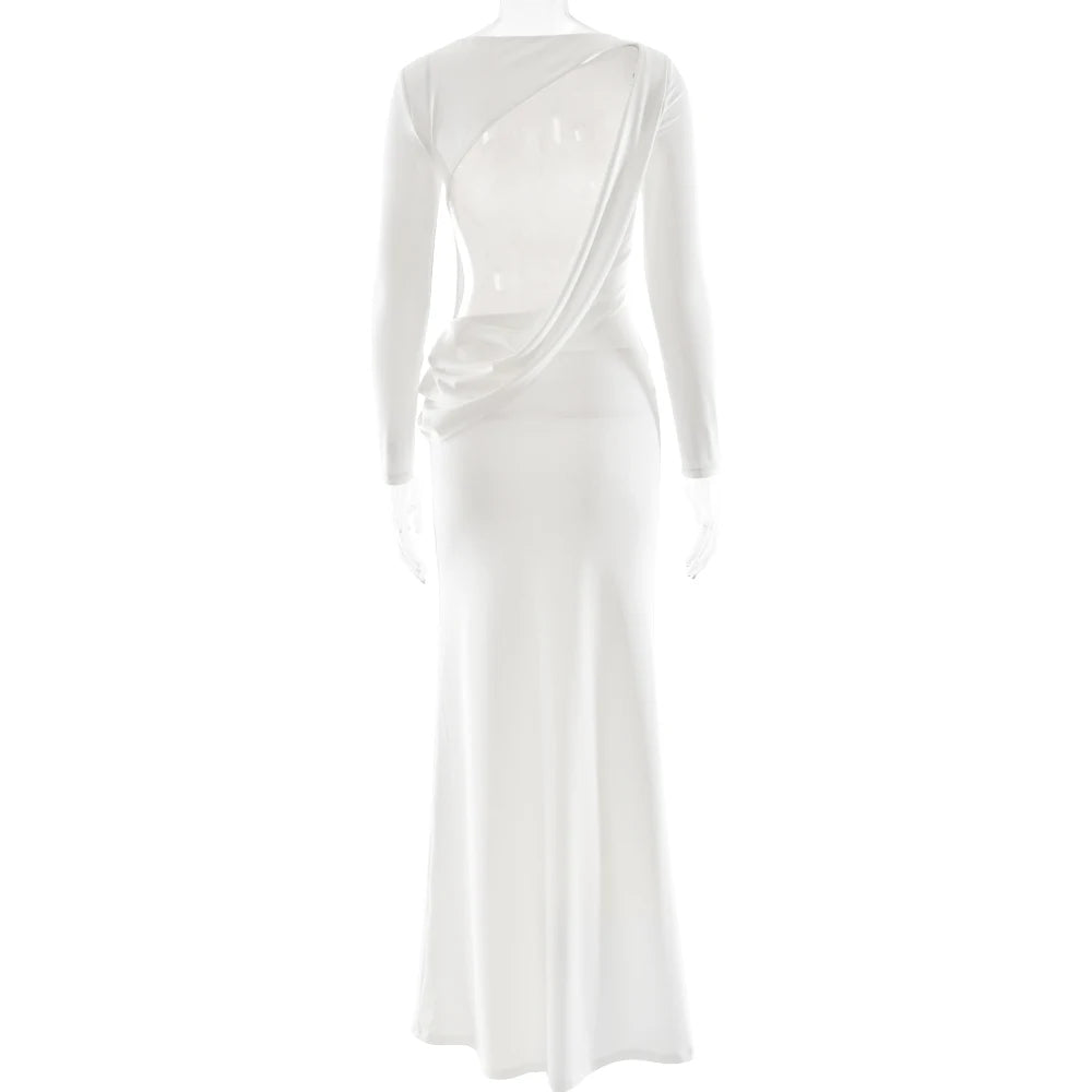 White dress with a draped design on a white background