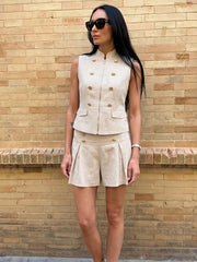 Black linen blend stand collar vest and pleated shorts set
