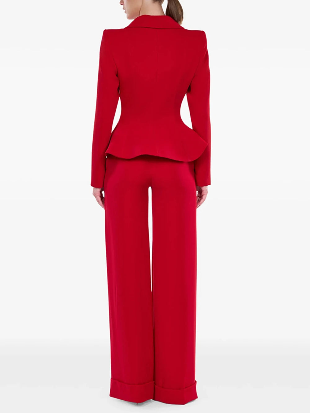 Red blazer and wide leg pant set back view