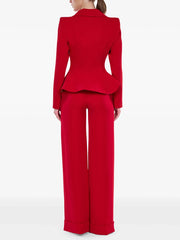 Red blazer and wide leg pant set back view