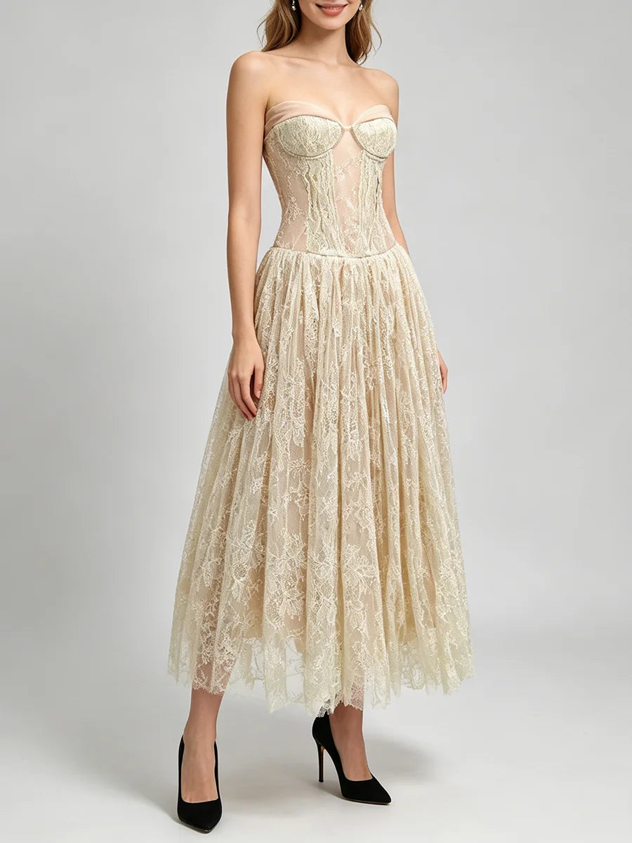 Lace A-line midi dress in cream