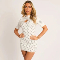 Mock Neck Lace Hollow Out Trim Mini Dress