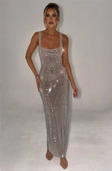 Sparkle Sequin Backless Maxi Dress – Sleeveless Club Gown with Square Neck