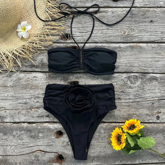 High-Waist Ruched Bikini with Rose Embellishment