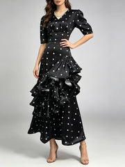 V-Neck Tiered Ruffle Polka Dot Maxi Dress