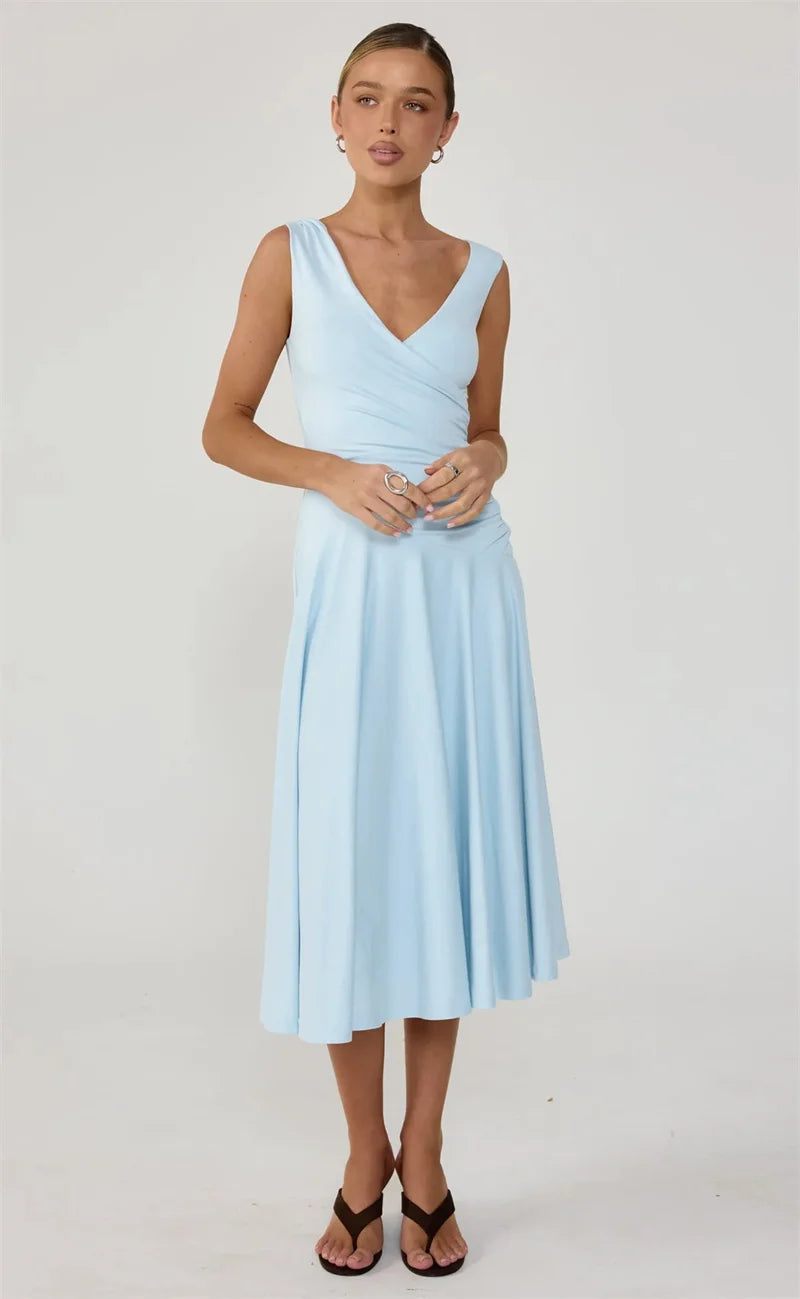 Light blue v-neck ruched midi dress front view